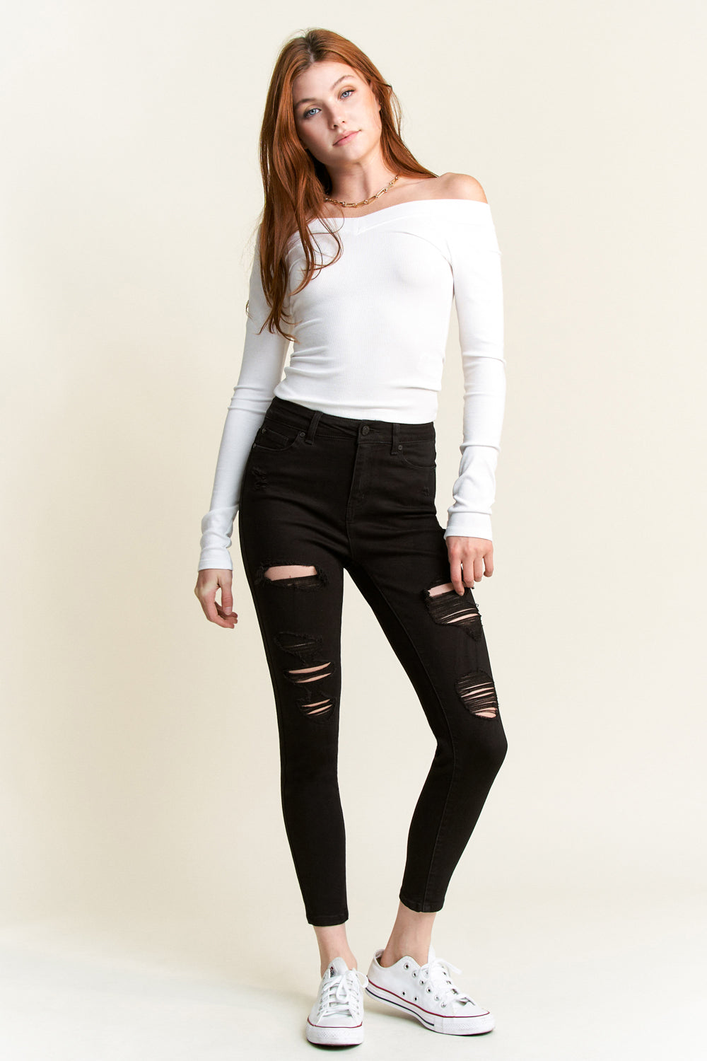 High Rise Heavily Destructed Ankle Skinny Jeans