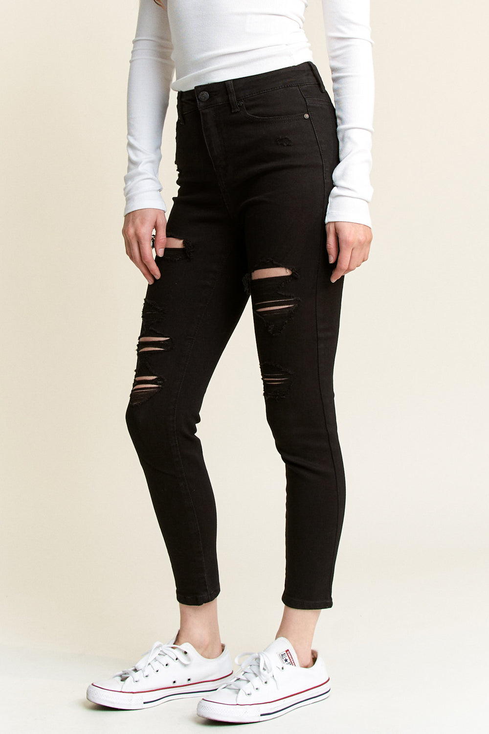High Rise Heavily Destructed Ankle Skinny Jeans