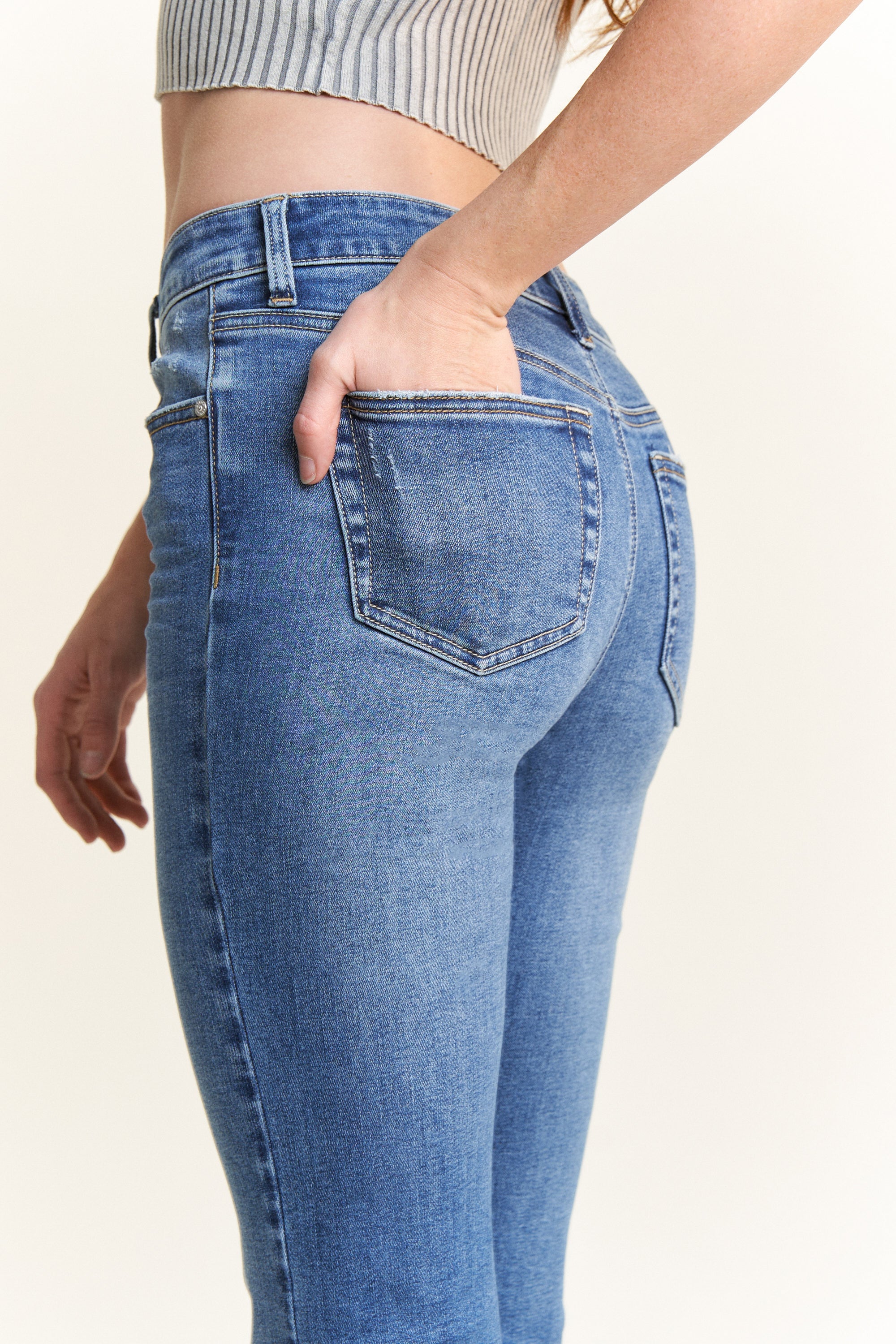 High Rise Bootcut Jeans with Crinkle & Raw Hem 15