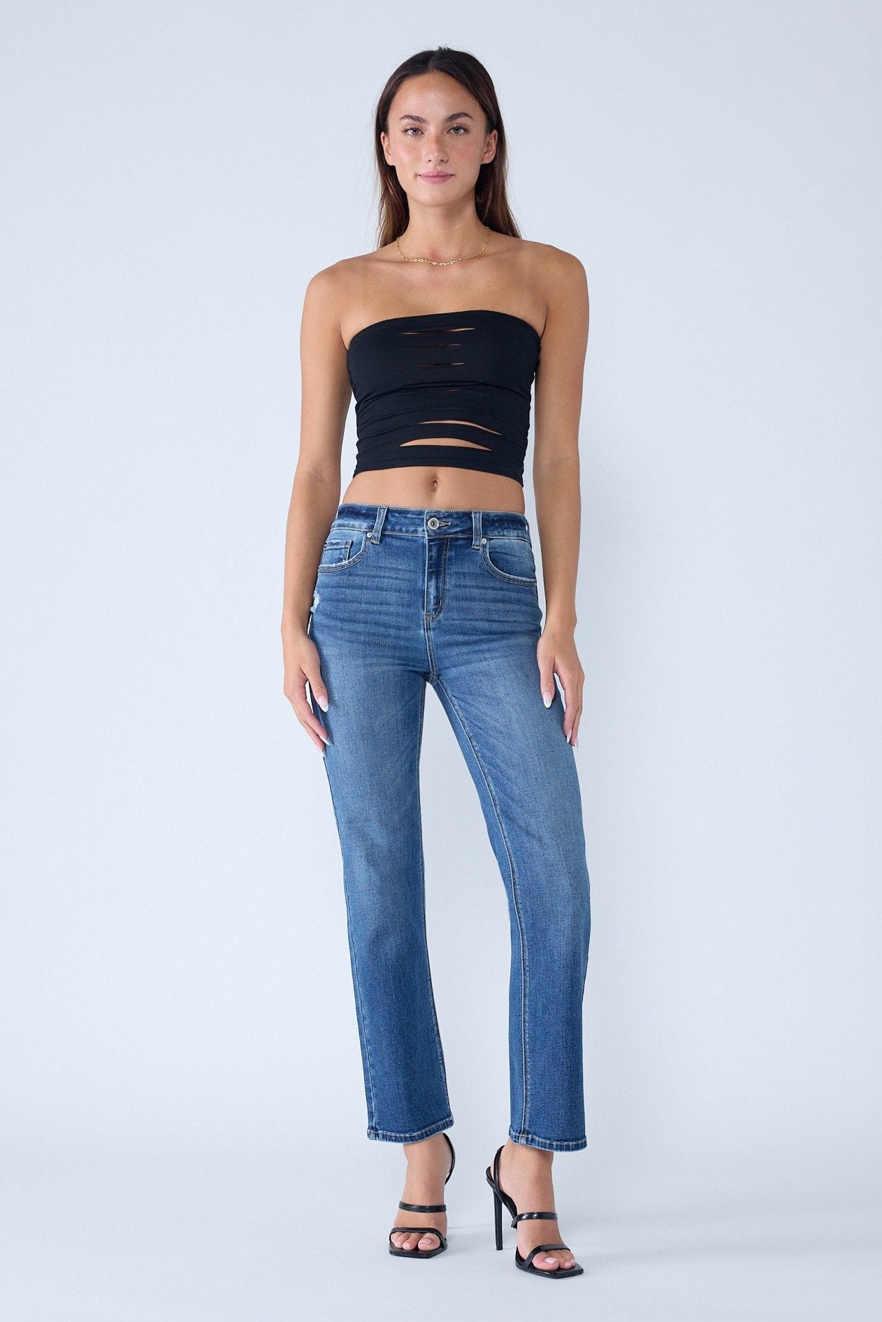 High Rise Classic Straight Jeans with Slight Destruction 3