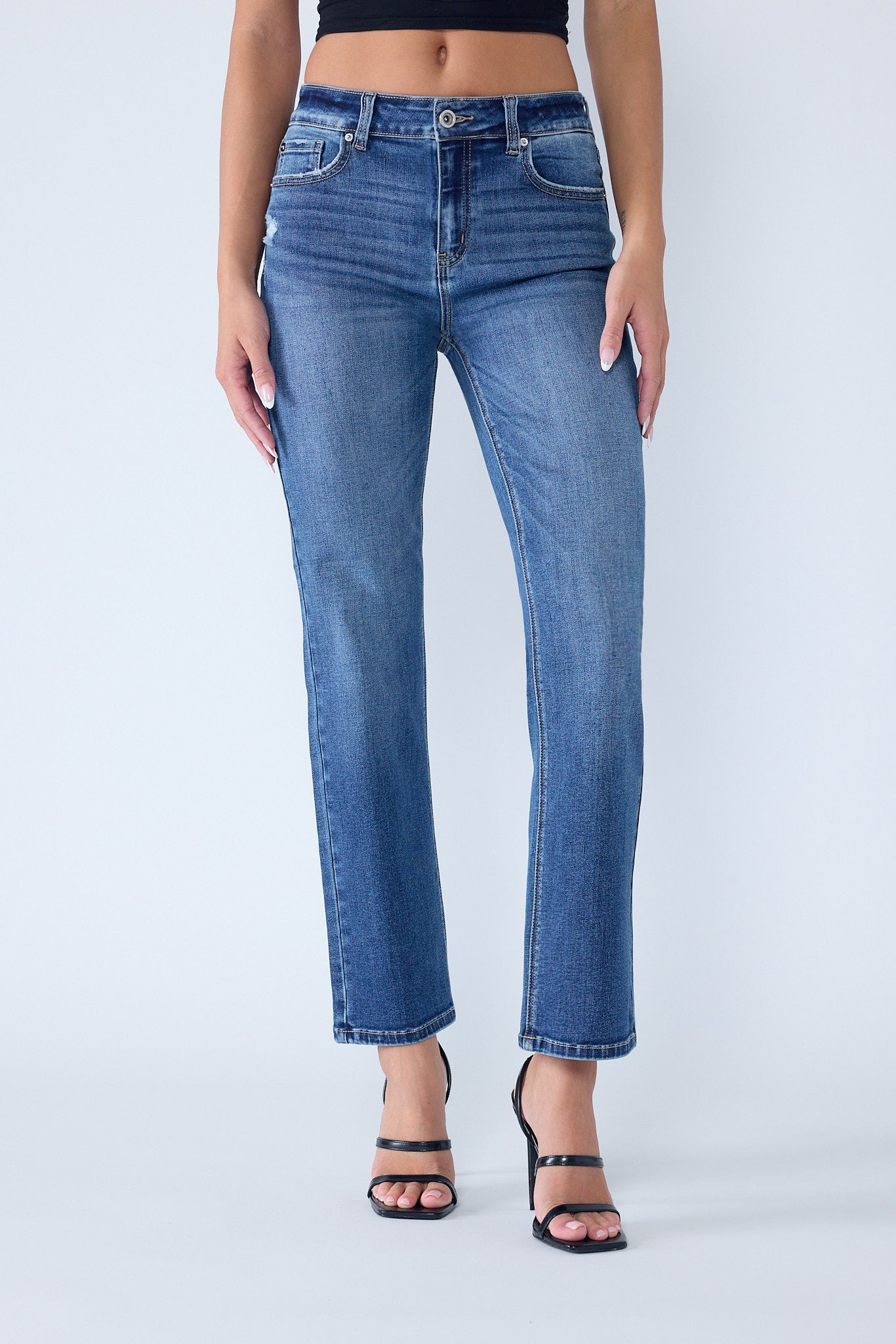 High Rise Classic Straight Jeans with Slight Destruction 2