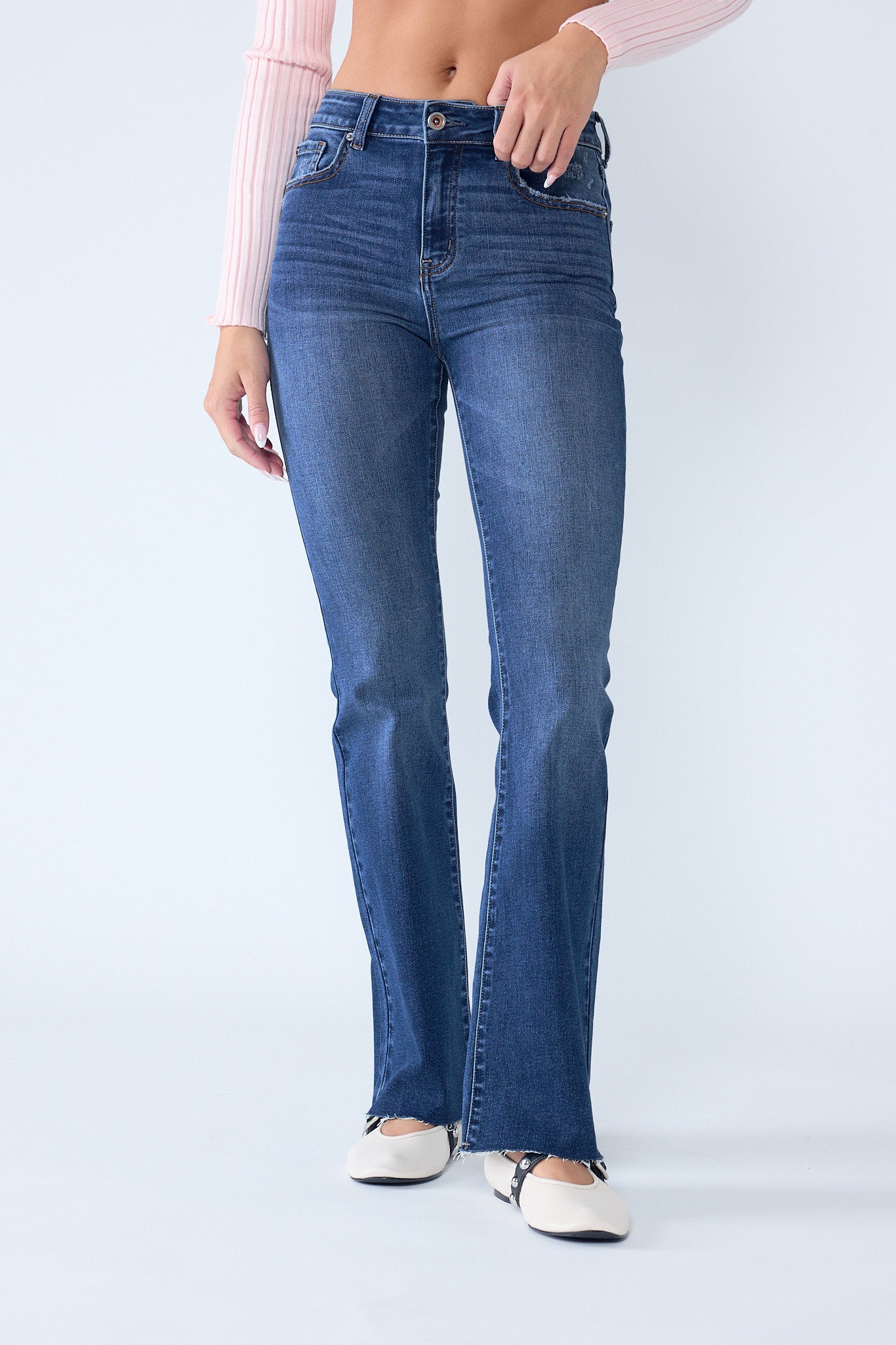 High Rise Bootcut Jeans with Crinkle & Raw Hem 2