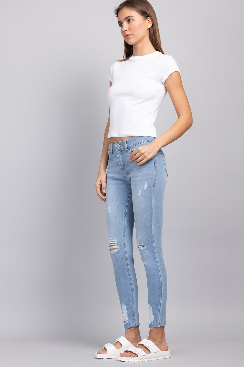 Distressed mid sales rise jeans