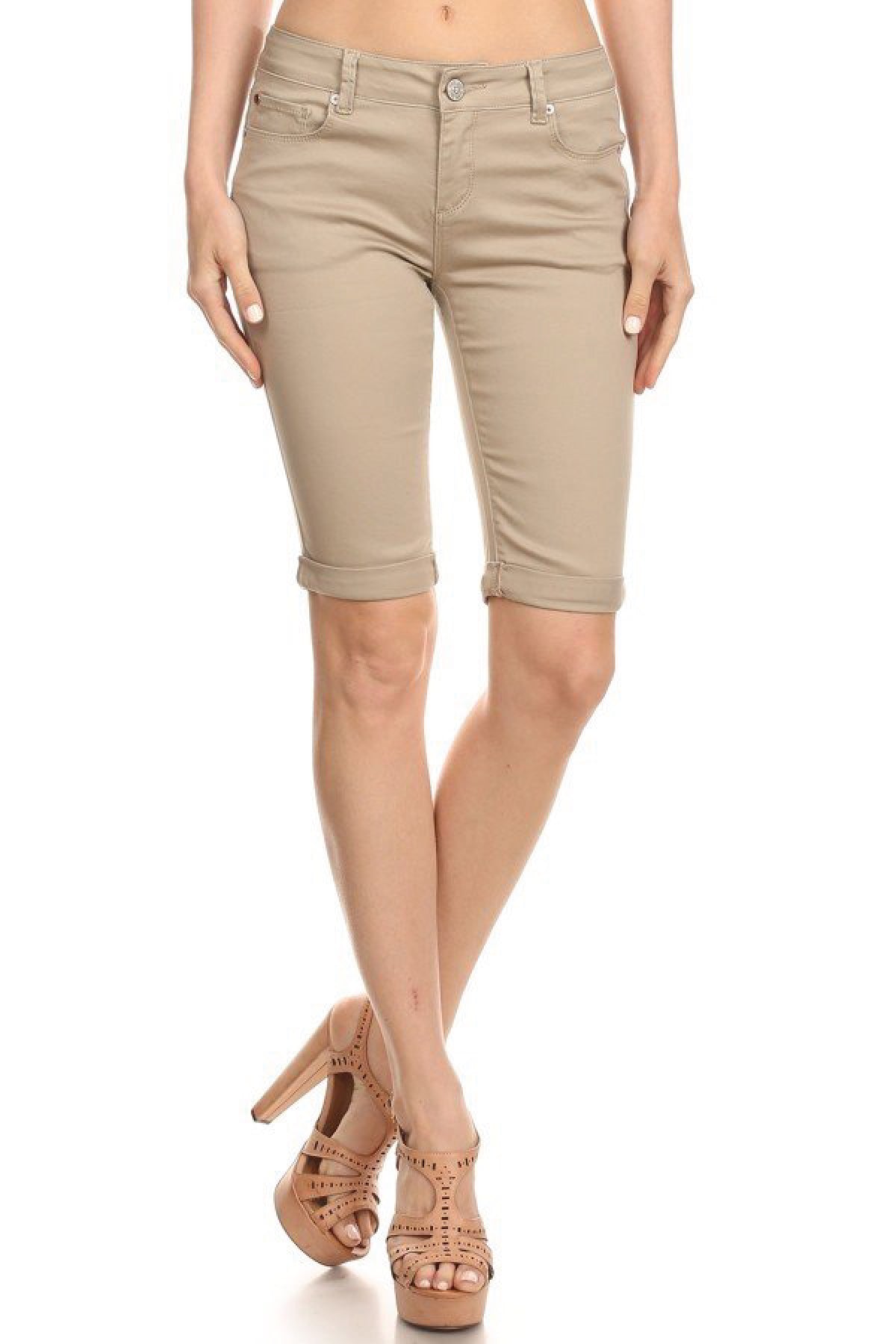 Classic Solid Bermuda Shorts with Rolled Cuffs