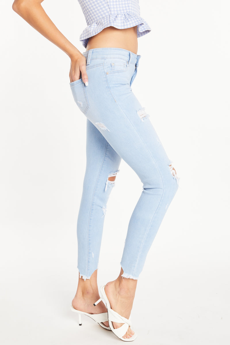 Only high rise skinny jeans with distressed knees in medium wash | ASOS